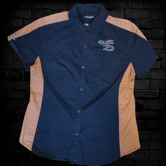 Harley Davidson Black and Orange Button Up Short Sleeve - Taille S 